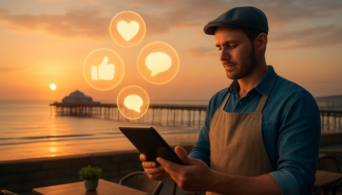 Café owner examining impressive social media metrics on a tablet above Weston-super-Mare pier at sunset