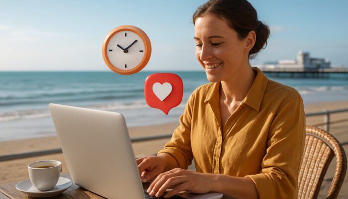 Small business owner managing social media posts on a laptop at a Weston-super-Mare seaside café