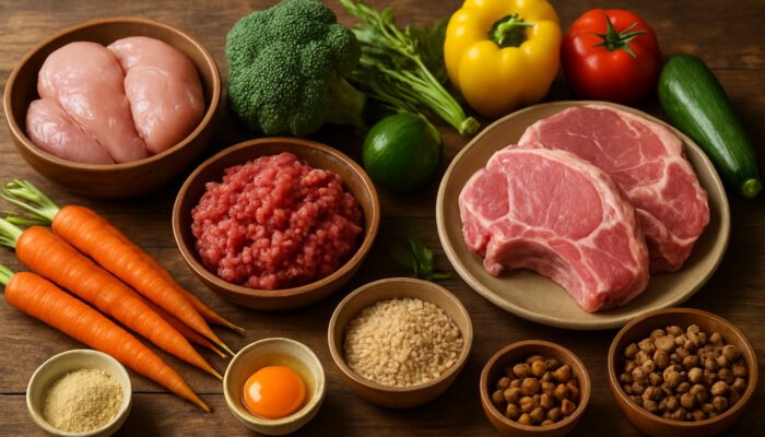 Rustic table adorned with fresh organic meats and vibrant vegetables for balanced raw pet meals