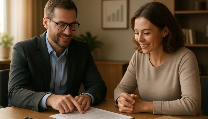 A UK debt advisor assisting a borrower with consolidation documents in a calm office environment with charts