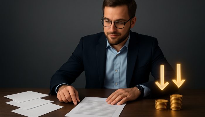 A borrower comparing high-interest loans to low-APR consolidation with savings coins and arrows on a desk