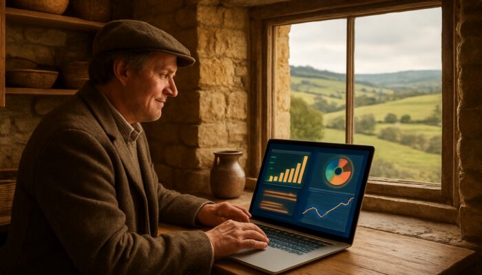 Stonehouse shopkeeper reviews CMS dashboards on laptop in cosy Gloucestershire stone storefront with Cotswold hills