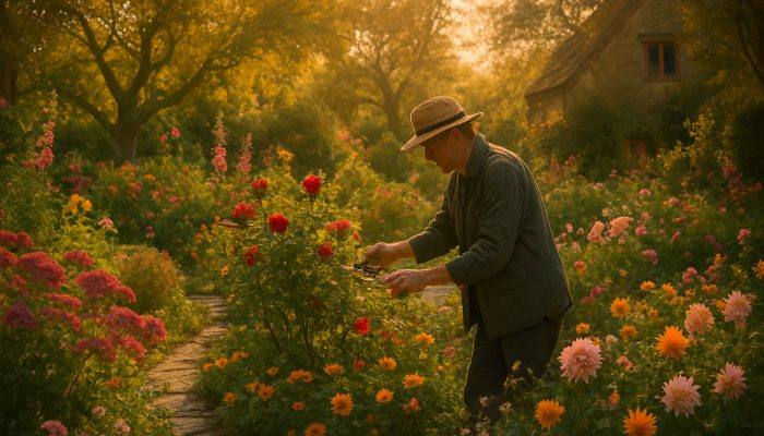 Gardener pruning roses in a flourishing Martock cottage garden during the golden hour, surrounded by stone paths.