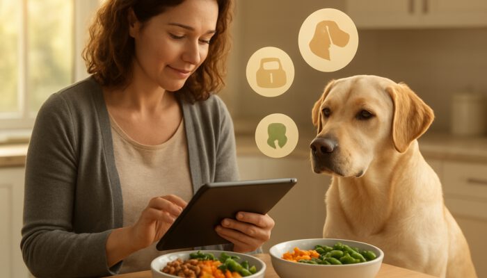 Owner reviewing Labrador health data on a tablet next to customised nutrition bowls in the kitchen