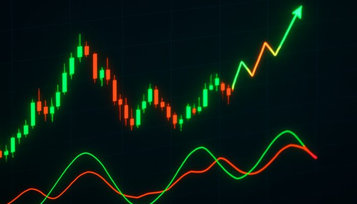 Close-up of Qstick indicator on a vibrant trading chart featuring green and red lines along with candlesticks.