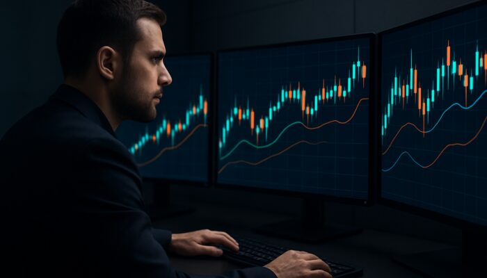Trader scrutinising vibrant candlestick charts with Qstick lines across multiple screens in a modern trading room