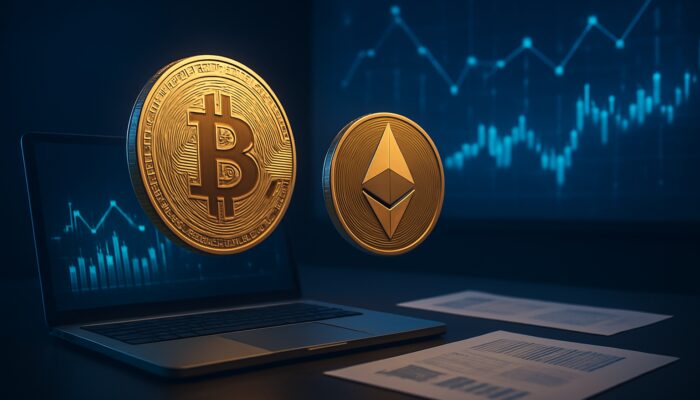 Digital workspace with floating Bitcoin, Ethereum coins, tax forms and glowing blockchain charts for crypto tax reporting.