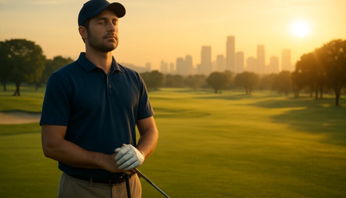 Mindful golfer breathing with eyes closed on a lush green course at golden dawn with skyline