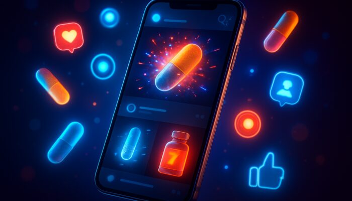Futuristic neon smartphone displaying X feed with dynamic supplement ads and glowing capsules.