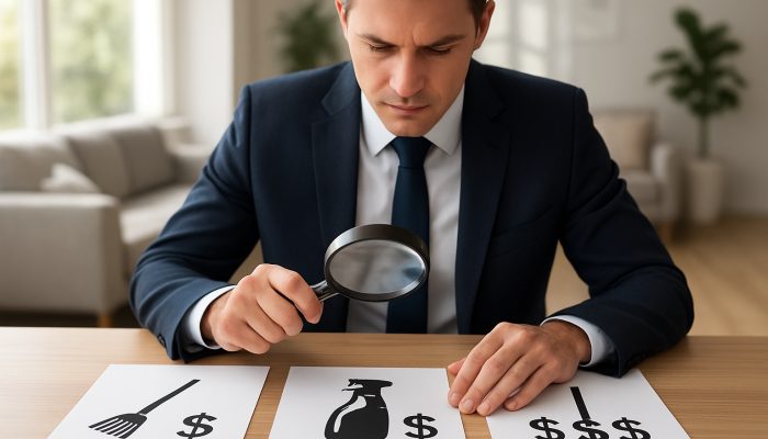 Businessperson using magnifying glass to spot hidden fees in cleaning quotes, modern sparkling home backdrop.