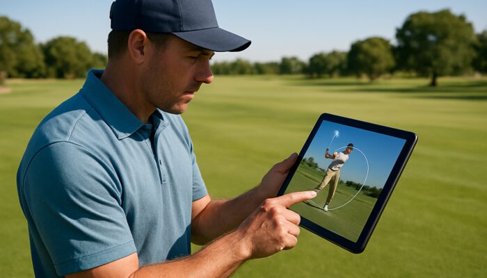 Gauteng golf instructor analysing slow-motion swing on tablet at sunlit inland fairway