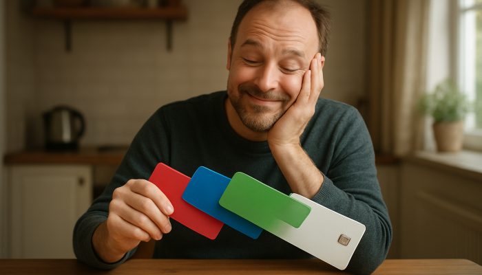 Combining Store Cards Into One Payment: Simplify Finances | DCL A relieved British shopper observes vibrant store cards merging into one at a comfortable kitchen table