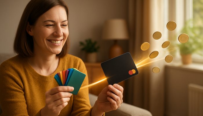 Combining Store Cards Into One Payment: Simplify Finances | DCL A smiling British shopper integrates colourful store cards into one sleek low-interest card with flowing coins in a cosy UK living room.