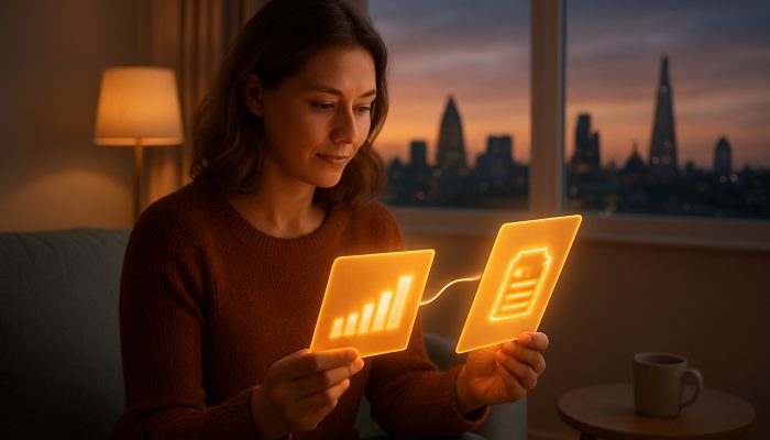 Combining Store Cards Into One Payment: Simplify Finances | DCL British shopper merges glowing store cards into a consolidation loan with interest charts in a London flat at dusk