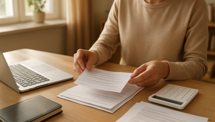 Talking to Credit Unions About Your Situation | DCL Person organising payslips and financial documents on sunlit home office desk with laptop for credit union prep.