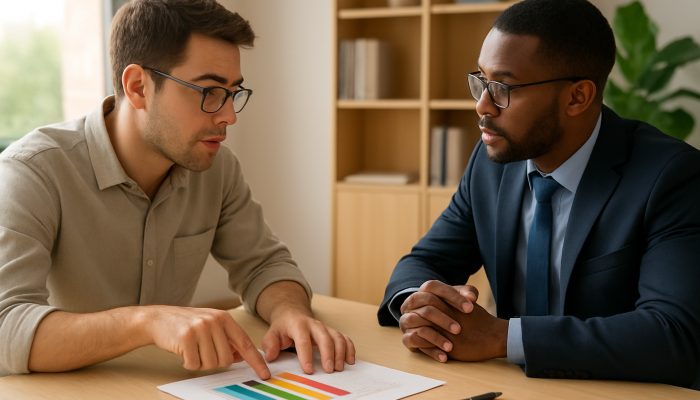 Talking to Credit Unions About Your Situation | DCL Borrower points to colorful debt interest rate chart while negotiating repayment with advisor in sunlit office.