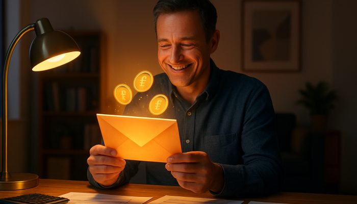 What to Do With Tax Refunds and Bonuses: Practical Steps | DCL Smiling British taxpayer discovers glowing HMRC refund envelope with floating coins while reviewing PAYE forms